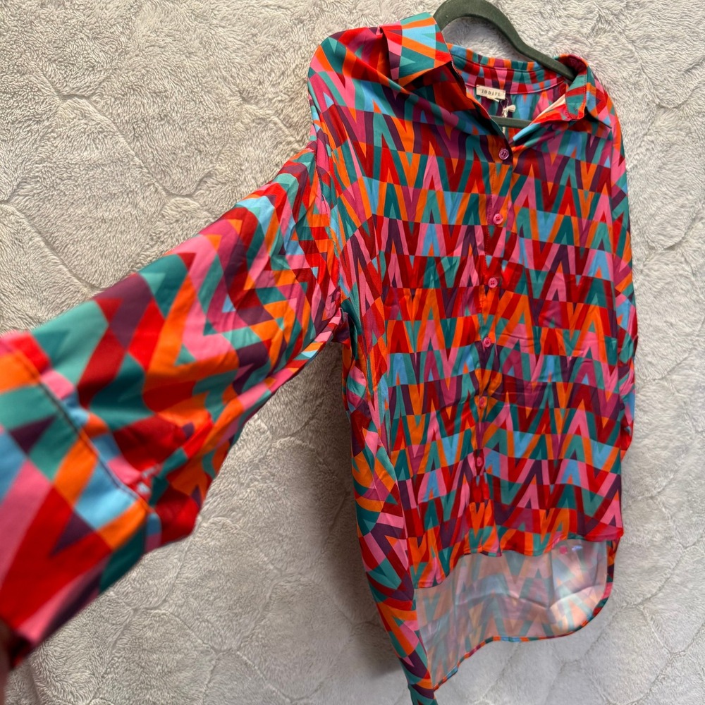 Jodifl Geometric Print Blouse Chevron Zigzag Colorful Button Down Boho Festival